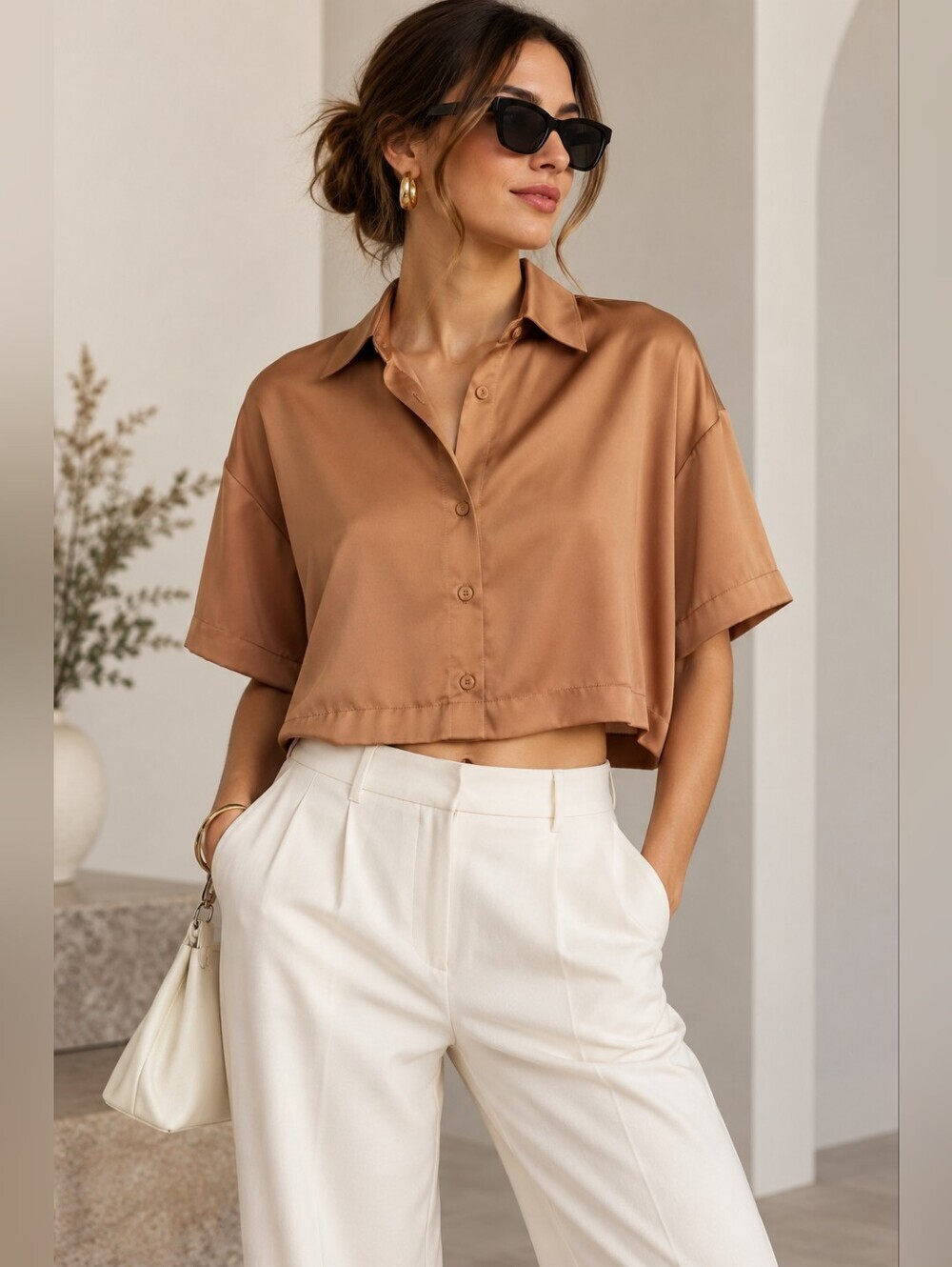 Koton Satin Cropped Button Up Shirt – Camel Brown